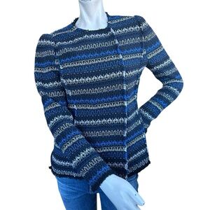 Rebecca Taylor Blue Black & White Variegated Tweed Fray Hem Jacket Size 0